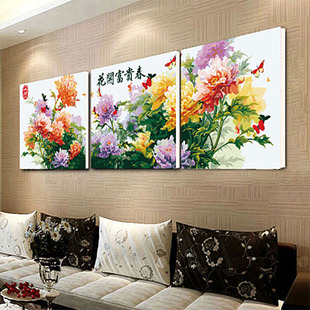 diy数字油画手绘填色客厅风景，抽象花卉情侣三拼三联装饰50*40*3幅