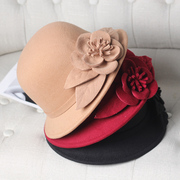 帽子女士秋冬季毛呢帽(毛，呢帽)时尚百搭花朵，圆顶礼帽中年帽子妈妈毛毡盆帽