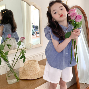 女童衬衫夏季宝宝娃娃衫小立领韩版法式花边小飞袖衬衣上衣潮