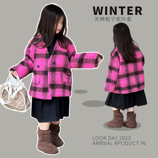 韩版儿童复古格子呢大衣，2023冬装宝宝，加棉洋气女童加厚时尚呢外套