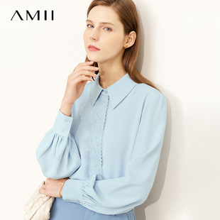 Amii2024秋季灯笼袖雪纺衫女不规则设计蕾丝衬衫通勤气质上衣