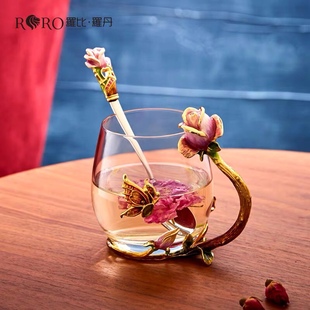 罗比罗丹水杯创意个性潮流情侣，玻璃咖啡杯网红少女，心带把花茶杯
