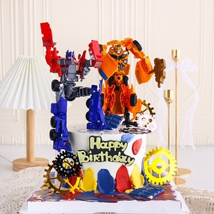 变形汽车人拼装机器人蛋糕，装饰摆件插件，超人男孩娃娃儿童生日配件