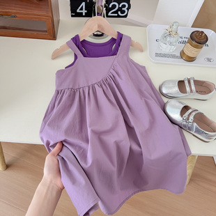 女童韩版紫色背心连衣裙，两件套裙2023春夏小女孩，无袖森系长裙