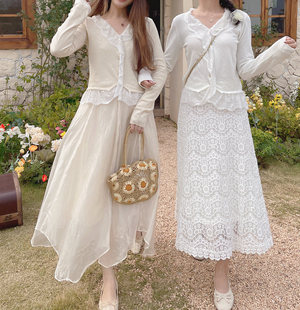 MOBAI自制 白色蕾丝花边半身裙女2022春季高腰气质温柔长裙