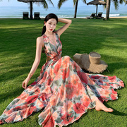 超长拖地沙滩长裙惊艳大花法式连衣裙质感露腰茶歇裙仙女旅游裙子