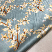 绿底金色叶子图案数码喷绘桑蚕丝面料19姆米宽幅140真丝绸缎布料