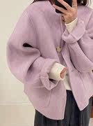 反季宽松紫色圆领短款双面，羊绒大衣女小香风，小个子羊毛呢外套2023
