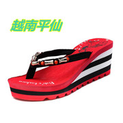 越南平仙女士人字拖鞋红色夏季松糕坡跟厚底高跟防滑沙滩凉拖鞋