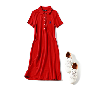 珠地棉polo领连衣裙女夏中长款短袖t恤运动休闲裙显瘦红色保罗裙