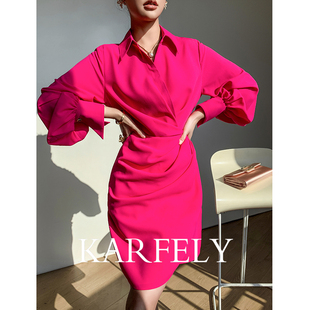 karfely高级感玫红色长袖，衬衫连衣裙女春季醋酸，细麻包臀裙小众