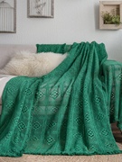 美式乡村复古绿钩针沙发罩巾，手工针织全盖沙发垫防尘茶几流苏桌布