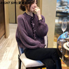 韩版温柔系紫色亮丝羊绒毛，衣女气质宽松灯笼袖，珍珠扣开衫羊毛外套