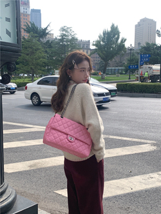韩国东大门设计真皮菱格小香风甜美粉色慵懒感大容量链条斜挎包包