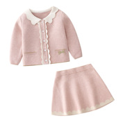 童装2024年秋季 粉红色小香风1-3岁女棉针织开衫+裙套装
