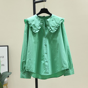 绿色甜美娃娃领衬衫女年春季韩版纯色，长袖外穿上衣衬衣潮