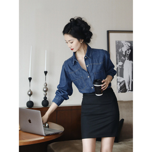 taiyang自制美式复古牛仔衬衫，外套2024春季女深蓝色宽松气质衬衣