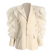 女王气质设计感小西装白色2023春季长袖网纱拼接纯色个性外套