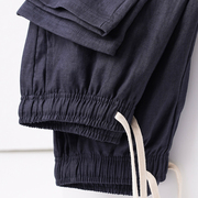 MAROLIO~牛仔蓝色100%纯亚麻休闲裤男直筒宽松透气松紧腰垂感长裤