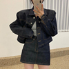 韩国chic秋季复古气质翻领长袖牛仔外套+高腰显瘦包臀半身裙套装