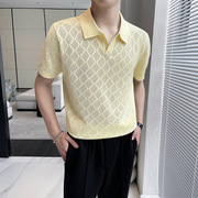 夏季男式短袖polo衫镂空菱形格，弹力棉时尚翻领男士短袖polo衫