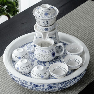 陶瓷茶盘大号储水圆形，干泡盘整套家用隔热双层功夫茶具套装功夫