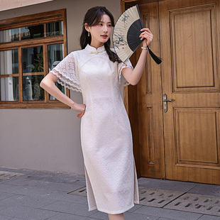 2024夏装时尚新中式，中长款连衣裙改良版旗袍，蕾丝中国风a字裙