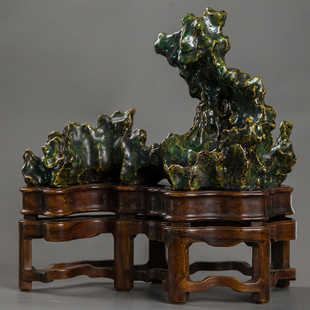 清代绿釉瓷山子摆件(双层红木座)文玩古董瓷器艺术品摆件收藏