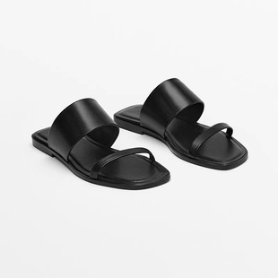 Massimo Duti2024夏季女鞋一字带拖鞋平底简约黑色休闲凉鞋