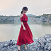 奈良红色沙滩裙露肩法式连衣裙女夏雪纺波，西米亚长裙海边度假裙子