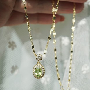 S925纯银天然橄榄石波光粼粼锁骨链满钻绿色水晶宝石吊坠项链超闪