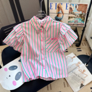 粉色条纹短袖衬衫夏季女小飞袖，别致漂亮小衫2024绝美短款显瘦上衣