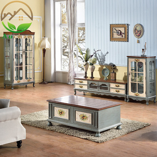 美式电视柜茶几组合地中海风格大小户型，客厅欧式实木田园彩绘家具