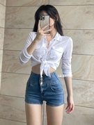 韩版白色短款小衬衫女夏季薄款外搭辣妹修身显瘦长袖防晒外套上衣