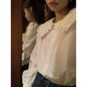 范雯雯 荷叶娃娃领 韩系甜美少女百搭白色衬衫法式花边长袖上衣