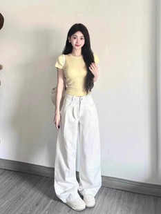 韩版套头圆领修身短袖T恤女2024夏季显瘦奶黄色百搭针织上衣