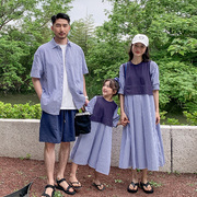 母女装条纹拼接连衣裙韩版亲子装，一家三四口上衣，衬衫短裤两件套装