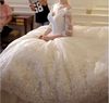 2017婚纱长一字肩，蕾丝拖尾婚纱，韩式大码显瘦新娘婚纱