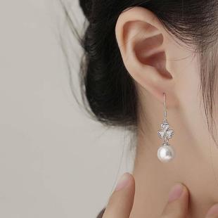 SHIAI韩版925纯银三叶草珍珠耳环女小众设计百搭时尚气质纯银耳环