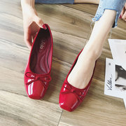 小红鞋平底女鞋，2018韩版蝴蝶结软底芭蕾单鞋，女伴娘鞋瓢鞋红色