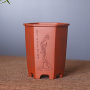 高档紫砂花盆艺师程兴红全手工制作刻绘六方古典陶瓷兰花盆