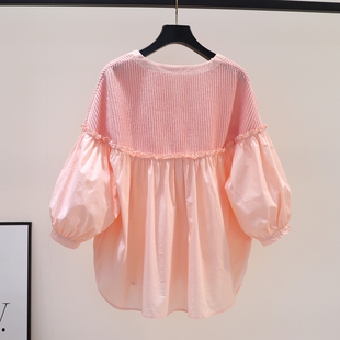 粉色灯笼袖娃娃衫女针织拼接棉布宽松衬衣2023夏季甜美木耳边衬衫