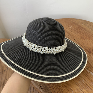黑白条纹珍珠大沿草帽女夏出游度假防晒遮阳帽大檐可折叠太阳帽