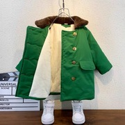 男童加绒外套儿童军绿大衣，洋气宝宝冬装，中长款棉衣军大衣绿色棉服