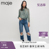 majeoutlet女装时尚休闲高腰，破洞直筒蓝色牛仔裤长裤mfpje00264