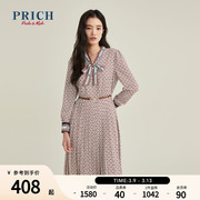 PRICH商场同款冬季收腰设计感百褶连衣裙雪纺印花裙