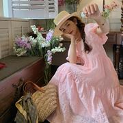 粉色泡泡袖连衣裙，女夏季2024法式甜美小个子仙女公主裙a字裙