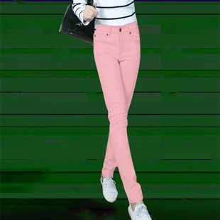2023年秋冬韩版修身显瘦弹力，彩色铅笔裤，粉色可爱小脚牛仔长裤