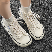 白色高帮帆布鞋女款2023夏季透气系带休闲百搭学生大头板鞋子
