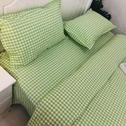棉纯加绿色小格件子，床单被单被套三四套家19744纺厚双人